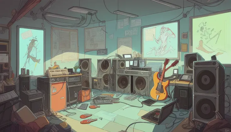 Masterpiece; Guitars and drums in a small science lab(((several science bottles around the room))); (guitars and musical keyboards inside science bottles) World map on the wall. sciencie complete with speakers and glass flasks of chemistry, embody the resi...