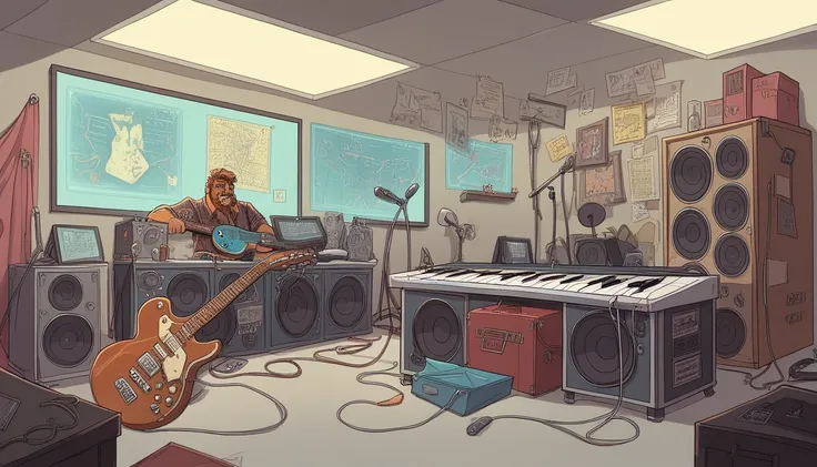 Masterpiece; Guitars and drums in a small science lab(((several science bottles around the room))); (guitars and musical keyboards inside science bottles) World map on the wall. sciencie complete with speakers and glass flasks of chemistry, embody the resi...