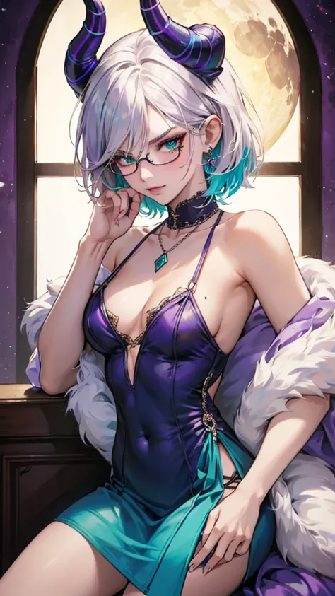 8k, masterpiece, best quality, highly detailed, 1 girl, tiefling, warlock, multicolored hair, very short straight hair green highlight hair on white hair, strippled hair, wearing glasses, round glasses, earrings, red eyeshadow, long eyelashes,navel piercin...