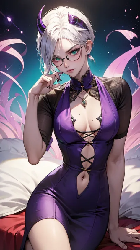 8k, masterpiece, best quality, highly detailed, 1 girl, tiefling, warlock, multicolored hair, very short straight hair green highlight hair on white hair, strippled hair, wearing glasses, round glasses, earrings, red eyeshadow, long eyelashes,navel piercin...