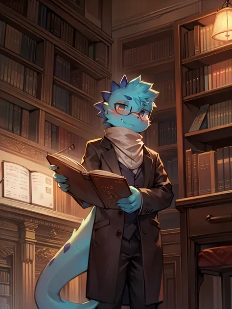 Anthropomorphic salamander, glasses on with string, studying in the library