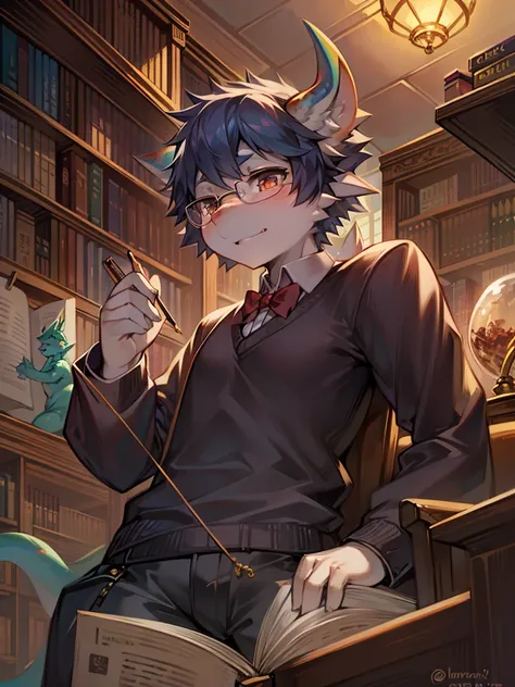 Anthropomorphic salamander, glasses on with string, studying in the library