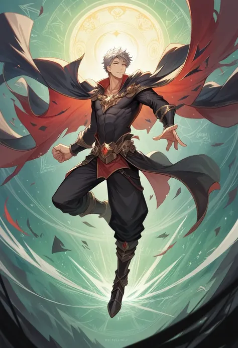 picture, personifying the essence of magic in your world., showing the gray-haired man, red-eyed protagonist with a mystical black mark on his neck, immersed in a cascade of magical energy, with glowing particles, dancing around him, and mysterious symbols...