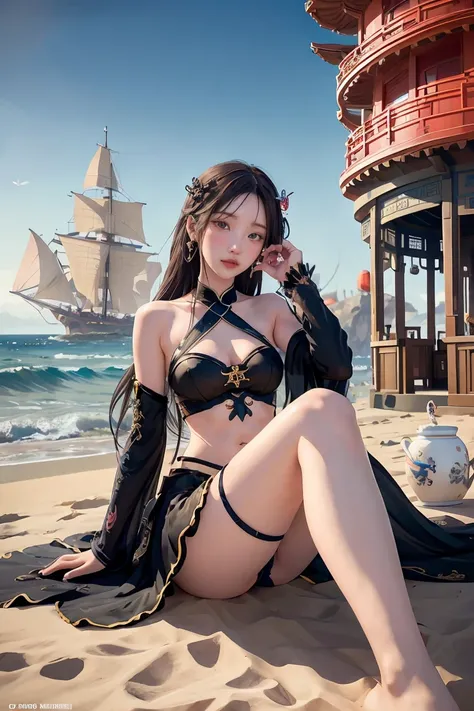 there is a woman sitting on the beach with a clock, queen of the sea mu yanling, beautiful digital artwork, 4k highly detailed digital art, a beautiful fantasy empress, 8k high quality detailed art, fantasy beautiful, by Yang J, beautiful gorgeous digital ...