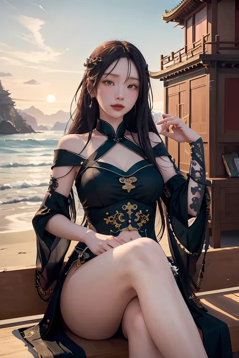 there is a woman sitting on the beach with a clock, queen of the sea mu yanling, beautiful digital artwork, 4k highly detailed digital art, a beautiful fantasy empress, 8k high quality detailed art, fantasy beautiful, by Yang J, beautiful gorgeous digital ...