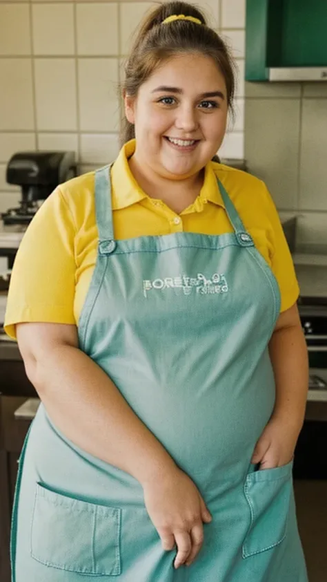 1woman, (fast food employee), overweight, ponytail, smiling, happy, chubby cheeks, ((very obese)), big belly, (wearing green apron and yellow collared shirt), close up, bust, big wide happy smile, green eyes