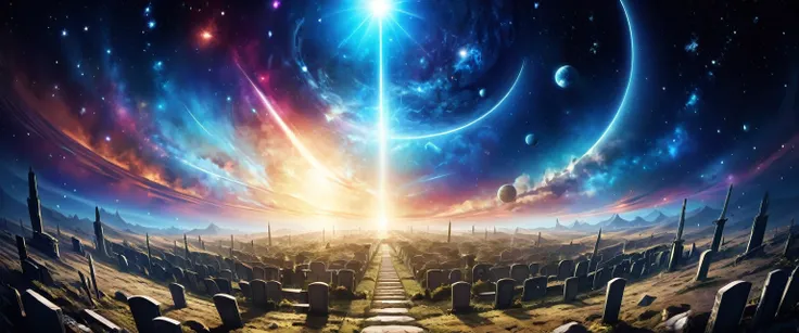 there is  a military graveyard built on the moon, many tombstones in rows and lines, there is flag being raised, in honor of the fallen. the graveyard is based on the moon, you can see the earth in the background and some stars in space, vibrant, Ultra-hig...