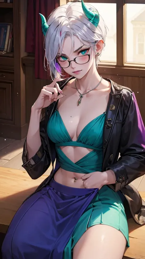 8k, masterpiece, best quality, highly detailed, 1 girl, tiefling, warlock, multicolored hair, very short straight hair green highlight hair on white hair, strippled hair, wearing glasses, round glasses, earrings, red eyeshadow, long eyelashes,navel piercin...