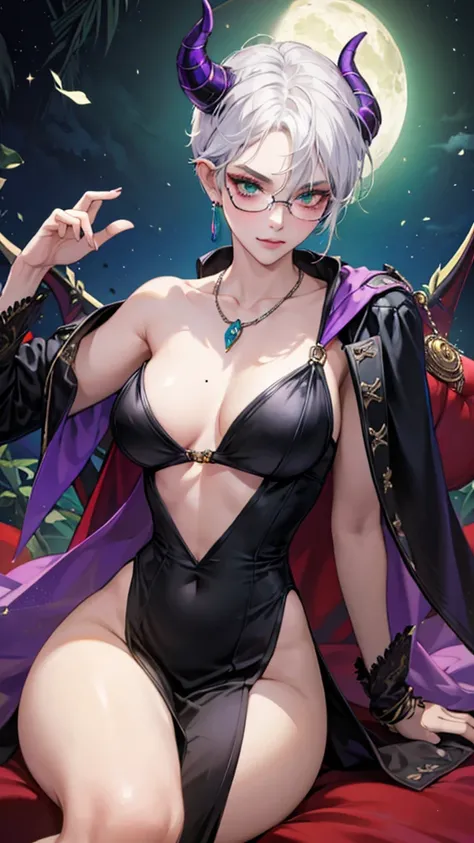 8k, masterpiece, best quality, highly detailed, 1 girl, tiefling, warlock, multicolored hair, very short straight hair green highlight hair on white hair, strippled hair, wearing glasses, round glasses, earrings, red eyeshadow, long eyelashes,navel piercin...