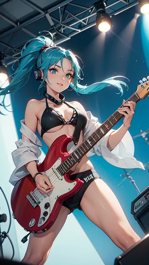 A masterpiece of a young woman, showcasing her unique style and musical talents. Outside on a beach stage, she stands confidently with one leg slightly raised, her electric guitar slung over her shoulder. Her striking features include piercing blue eyes, a...