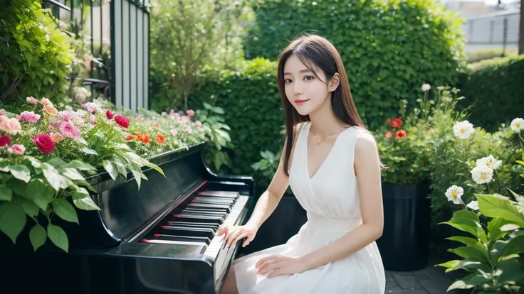 plays piano, 20 years old, long hair, fair skin, beautiful woman, flower garden