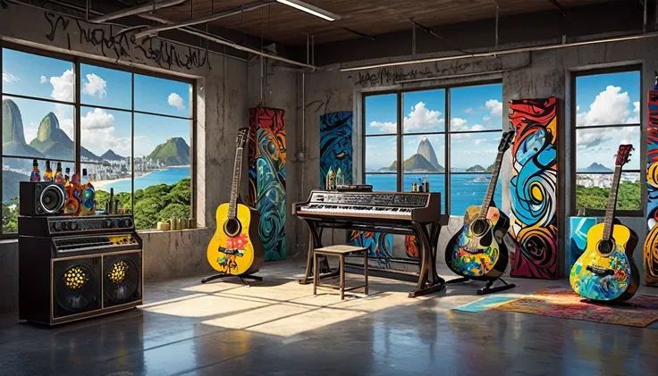 Masterpiece; Guitars and drums in a small science lab(((several science bottles around the room))); (guitars and musical keyboards inside science bottles) World map on the wall. sciencie complete with speakers and glass flasks of chemistry, embody the resi...