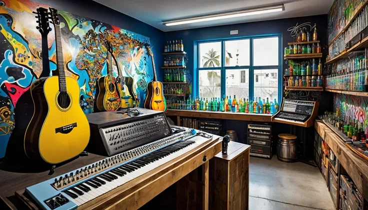 Masterpiece; Guitars and drums in a small science lab(((several science bottles around the room))); (guitars and musical keyboards inside science bottles) World map on the wall. sciencie complete with speakers and glass flasks of chemistry, embody the resi...