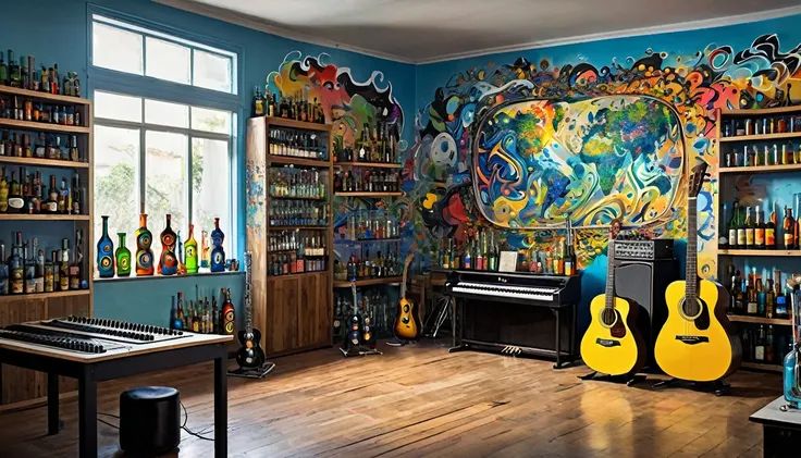 Masterpiece; Guitars and drums in a small science lab(((several science bottles around the room))); (guitars and musical keyboards inside science bottles) World map on the wall. sciencie complete with speakers and glass flasks of chemistry, embody the resi...