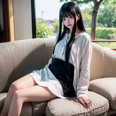 Young Japanese woman with long black hair, white shirt and black skirt sitting on the sofa.,bare belly,snow-white skin,slightly bloated belly , baby in the belly