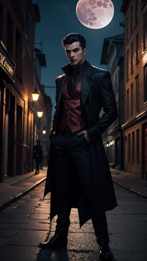 A male vampire stands in a city at night with a beautiful moon.