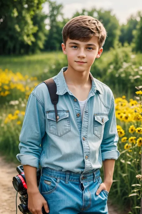 (cute, beautiful) Ukrainian (teen boy), (wearing) (loose summer outfit), [holding camera]. (Optimistic).

(Photorealistic), (vivid colors), (ultra-detailed), (masterpiece:1.2), [studio lighting].

Please generate the Stable Diffusion prompt directly withou...