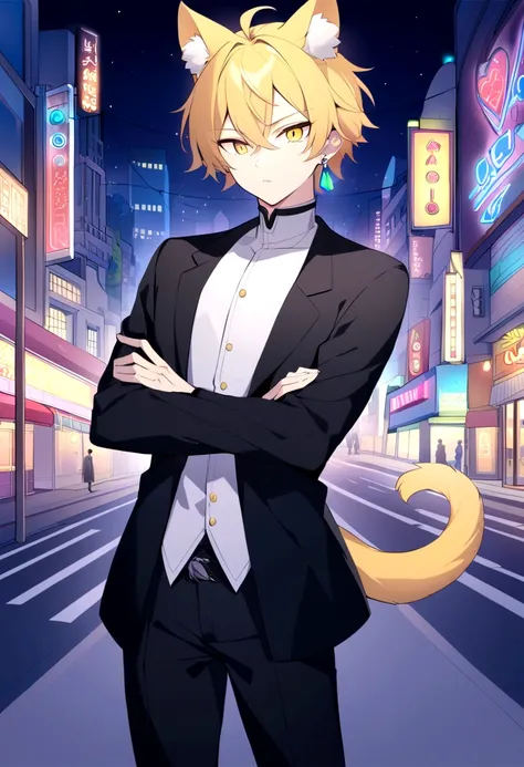 A boy，Wearing a black robe,独奏, looking at viewer, night city, 1boy, animal ears, jewelry, standing, tail, yellow eyes, male focus, earrings, pants, black pants, crossed arms,night，City，Neon