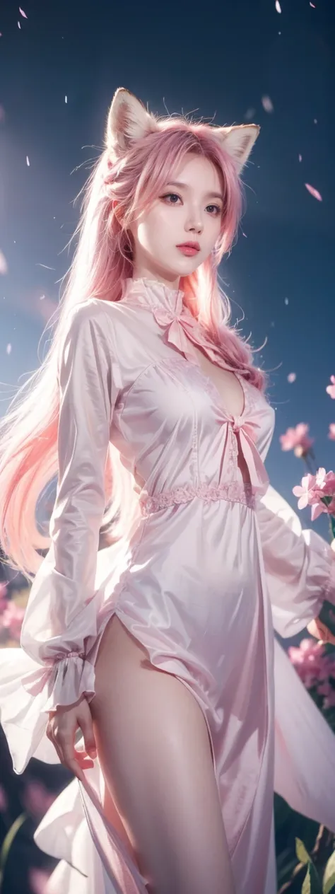 Nine snow-white fox tails (1.0), Milky white fox tail (1.0), Nine-tailed fox close-up, Nine Tails, Nine Tails, Pink Hair、Wearing a pink dress、Anime girl with flowers in her hair, very Beautiful anime fox girl, Beautiful anime fox girl, Beautiful fantasy an...