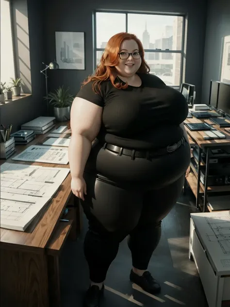 A happy and excited photo of a Beautiful ginger architect SSBBW, with long wavy ginger hair, with big soft fat belly, thicc fat arms, thicc wide legs, big breast, in long black pants, long black shirt tucked in her pants, black belt, black glasses in her n...