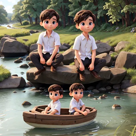 Two boy  sit on river