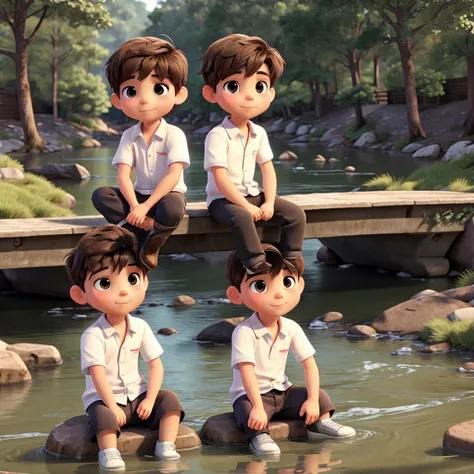 Two boy  sit on river