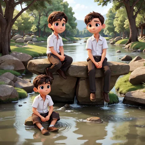 Two boy  sit on river