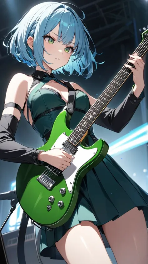 Light blue hair、Short Bob、Deep green eyes、Small breastetal Band、Playing electric guitar、