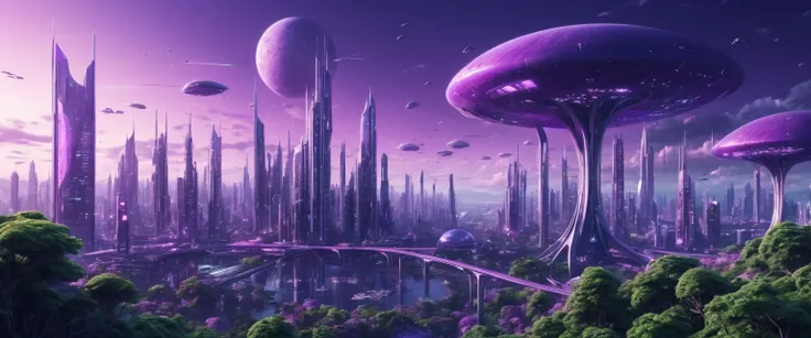 Futuristic City, mixed with nature, violet hue sky, ultra-high quality, ultra detailed, 4k