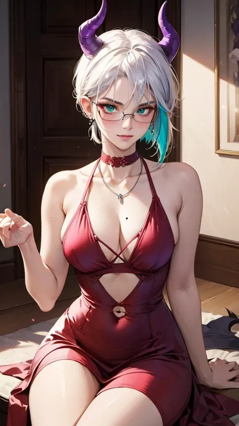 8k, masterpiece, best quality, highly detailed, 1 girl, tiefling, warlock, multicolored hair, very short straight hair green highlight hair on white hair, strippled hair, wearing glasses, round glasses, earrings, red eyeshadow, long eyelashes,navel piercin...