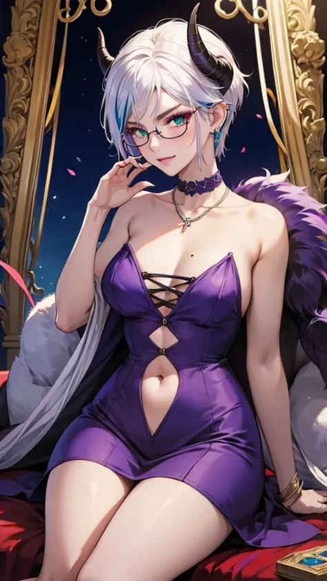 8k, masterpiece, best quality, highly detailed, 1 girl, tiefling, warlock, multicolored hair, very short straight hair green highlight hair on white hair, strippled hair, wearing glasses, round glasses, earrings, red eyeshadow, long eyelashes,navel piercin...