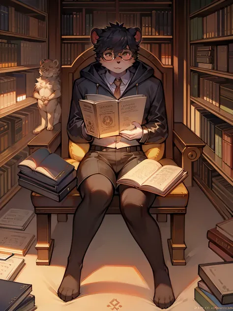 Anthropomorphic sun bear, glasses on with string, studying in the library