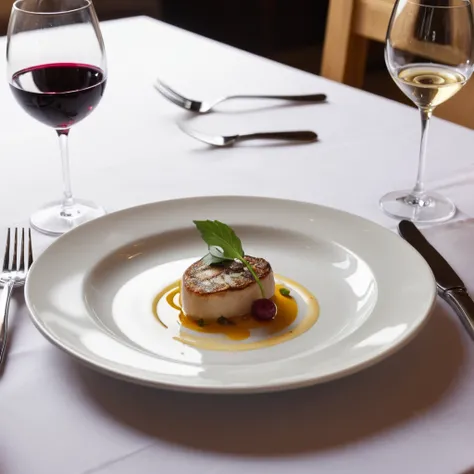 table dun restaurant avec de la nourriture dans une assiette et un verre de vin blanc 
