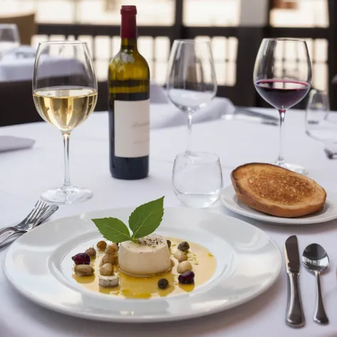 table dun restaurant avec de la nourriture dans une assiette et un verre de vin blanc 
