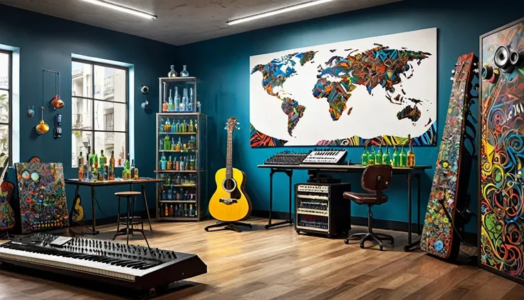 Masterpiece; Guitars and drums in a small science lab(((several science bottles around the room))); (guitars and musical keyboards inside science bottles) World map on the wall. sciencie complete with speakers and glass flasks of chemistry, embody the resi...