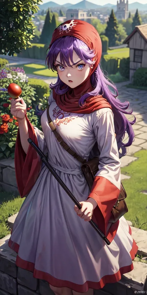 masterpiece, best quality, 4k, 8k, dqPom, red hood, purple hair, robe, cowboy body shot, holding staff, sky, garden, looking at viewer, from above, angry