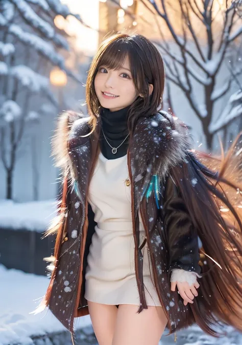 Photo from the waist up、Night city illumination shot、Cowgirl Shot、Fur coat、豪華なグレーのミンクのFur coat、Wear fine leather boots、Luxury Bags、Inner turtleneck、Silver necklace and small silver earrings Millionaire style:1.4））、Full body photo、smile、 Caustics、Highly det...