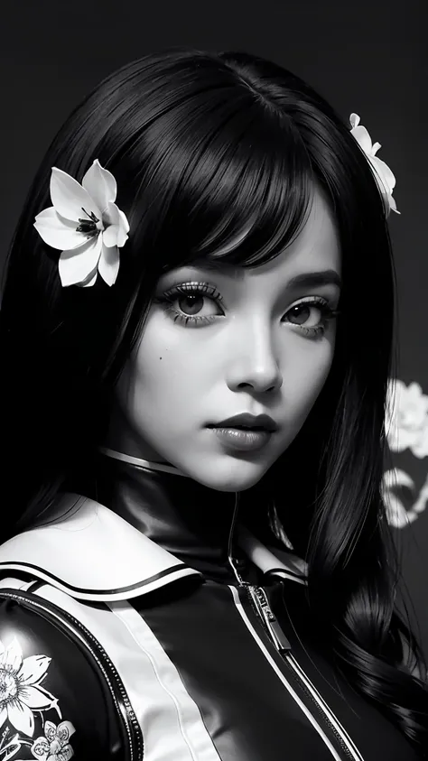 Black and white 1 black doll with flowers, flowers in background, leather on dress with flowers, your art in fine ink, comic style, portrait of black, Marilyn Munroe, long black hair, Glamour de Hollywood, beautiful line art, black and white comic style, m...