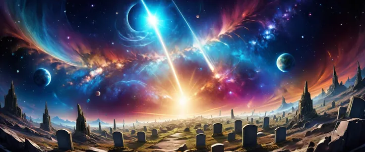 there is  a military graveyard built on the moon, many tombstones in rows (tombstones are identical in shape and color) and lines, (there is flag being raised: 1.4), in honor of the fallen. the graveyard is based on the moon, you can see the earth in the b...