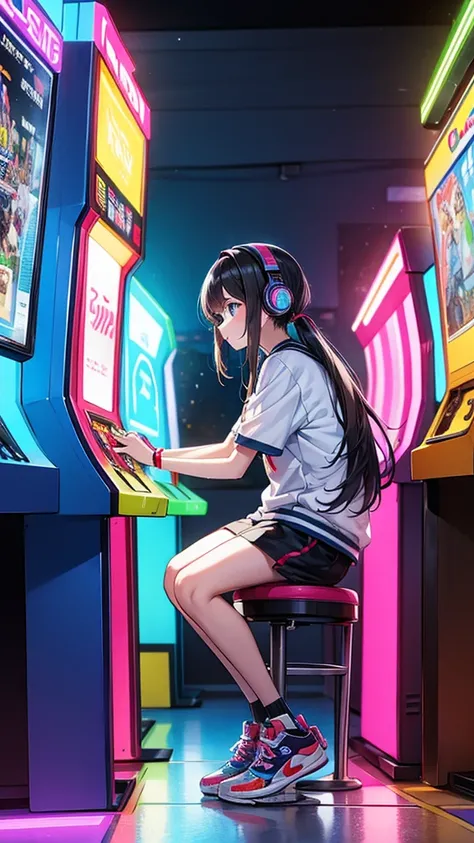 Teenagers wearing colorful jerseys and sneakers、Wearing big headphones, he plays Space Invaders in a neon-lit arcade.。