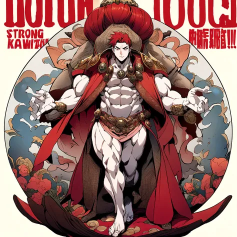 Man red hair protective muscular full body together with a geisha at his side, manga cover