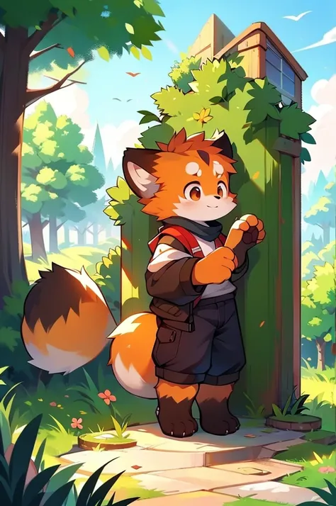 Red Panda Boy，Stand on your feet，Rural landscape，