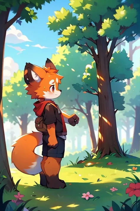 Red Panda Boy，Stand on your feet，Rural landscape，