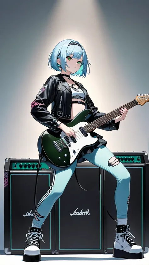 Light blue hair、Short Bob、Deep green eyes、Small breastetal Band、Playing electric guitar、rocker/punk fashion、full body