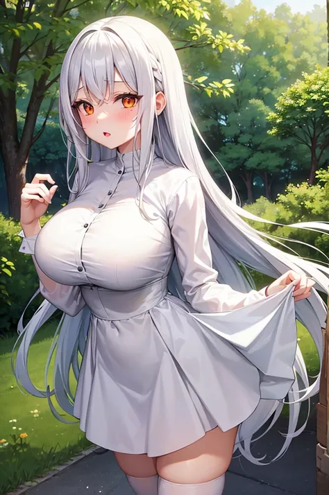 Anime, teenage girl, big breasts, white hair, white skin, white dress, long hair, สวยและcute, gentle nature, Moles at the corner of the lower mouth, orange eyes, Real Lifestyle, Private outfit, cute