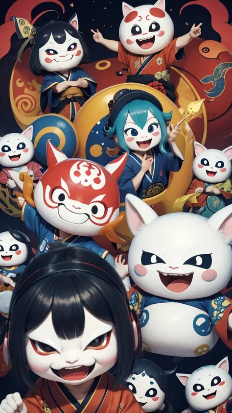 people々The happy yokai are taking a commemorative photo.