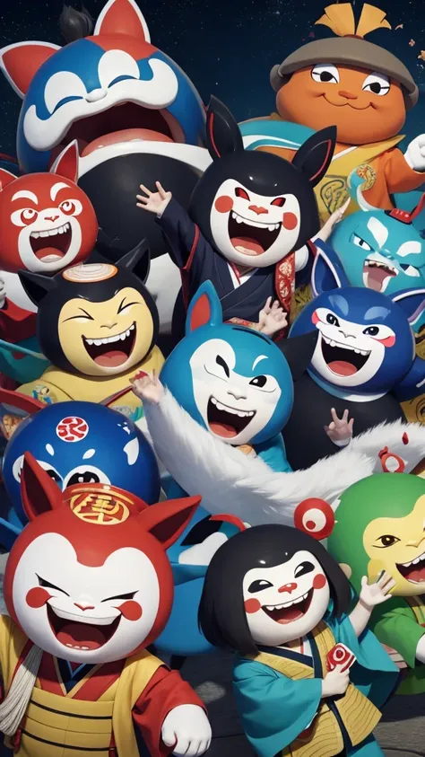 people々The happy yokai are taking a commemorative photo.