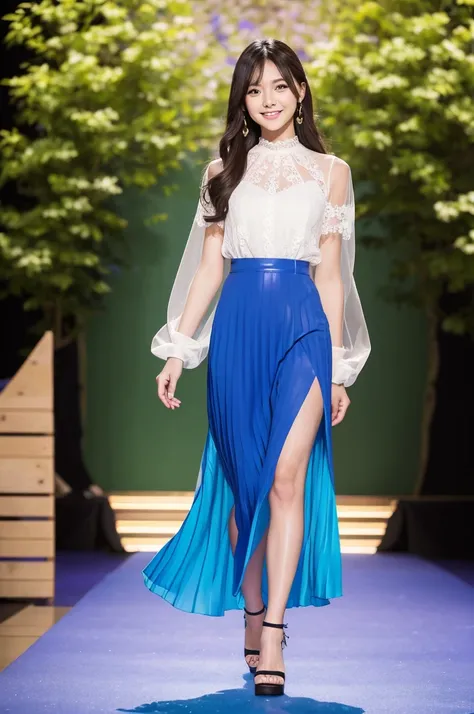 Amazingly large eyes、Smiling face、H cup bust、50cm waist、Slender and fair-skinned、Japan woman with long hair、20-year-old、Slim figure、Wearing a vivid colored, supple pleated skirt and a sheer lace blouse、Wearing high heels。On the runway at a fashion show、Her...