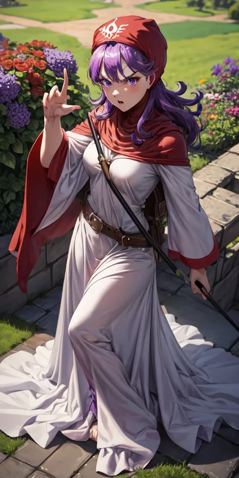 masterpiece, best quality, 4k, 8k, dqPom, red hood, purple hair, robe, cowboy body shot, holding staff, sky, garden, looking at viewer, from above, angry