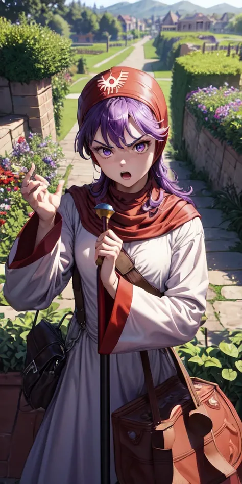 masterpiece, best quality, 4k, 8k, dqPom, red hood, purple hair, robe, cowboy body shot, holding staff, sky, garden, looking at viewer, from above, angry